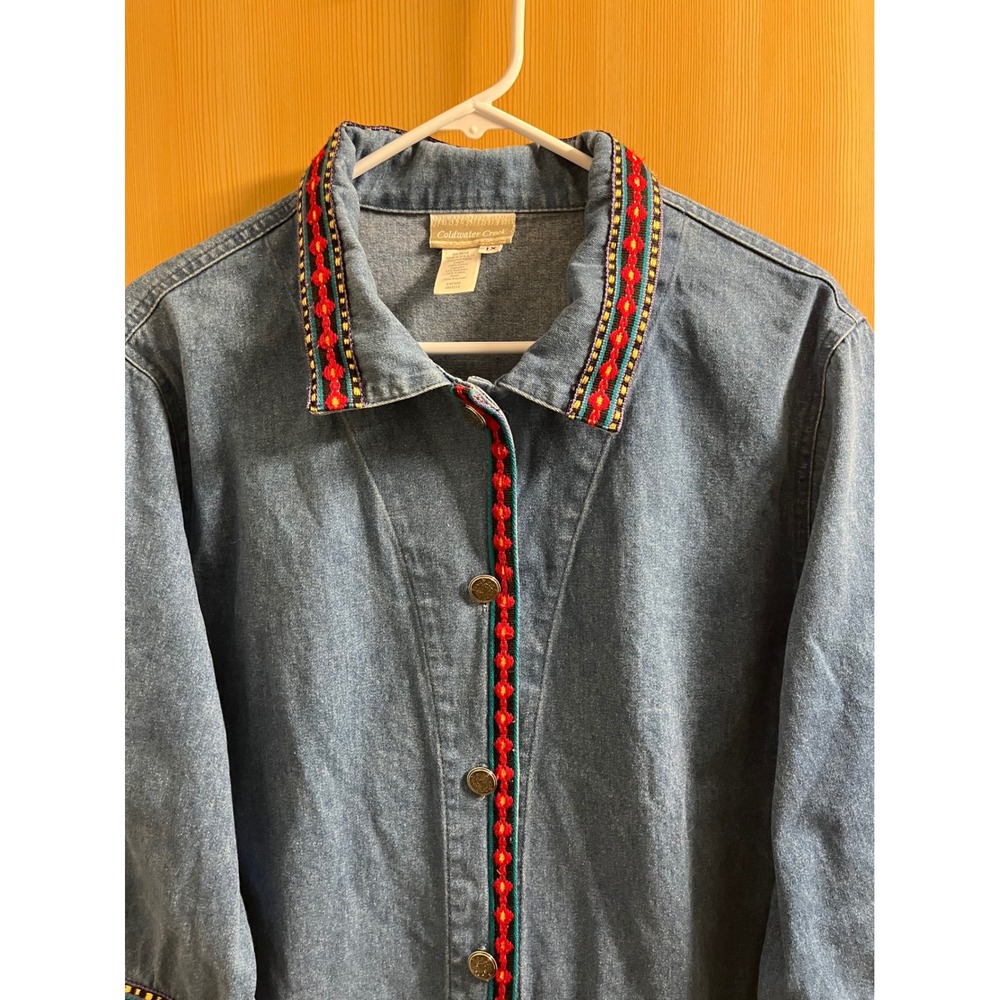 Coldwater Creek Denim Jacket Womens 1X Blue Aztec Southwestern Embroidered Trim - Picture 7 of 10